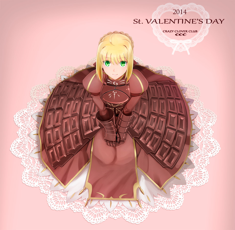 1girl, 2014, adapted_costume, ahoge, armor, armored_dress, blonde_hair, chocolate