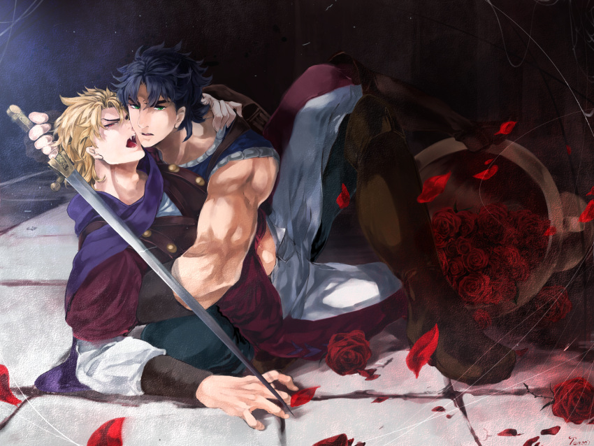 2boys, blonde_hair, blue_hair, dio_brando, fangs, flower, green_eyes, highres