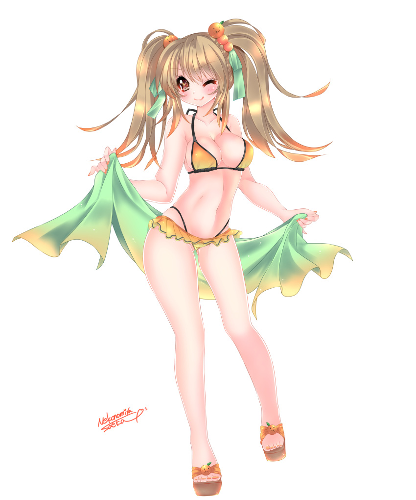 1girl, absurdres, bikini, bikini_skirt, brown_eyes, brown_hair, highleg, highleg_bikini, highleg_swimsuit, highres, long_hair, nekoko_(himekasama), original, sarong, swimsuit, twintails, wink