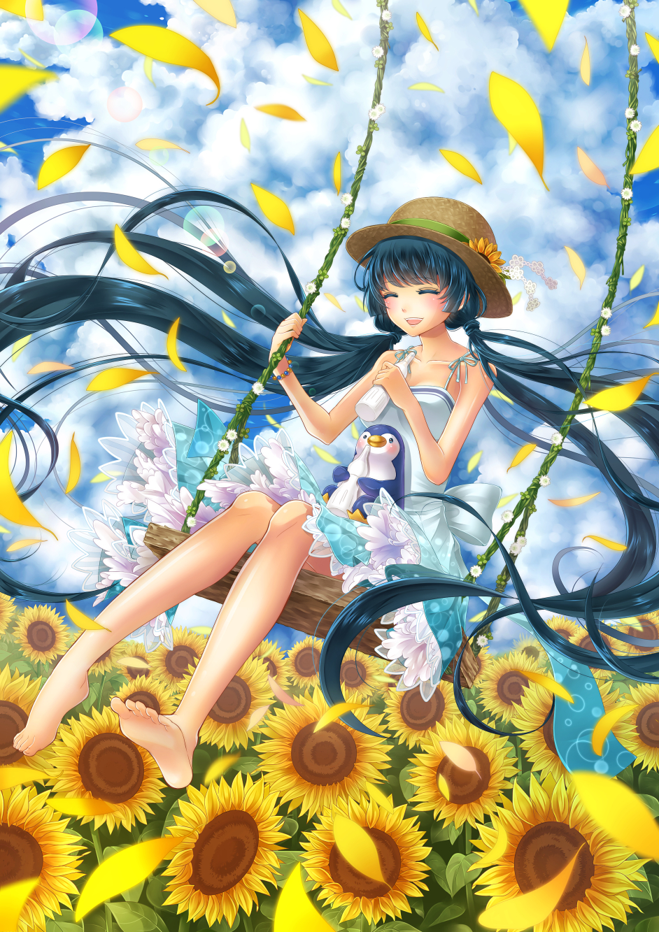 1girl, ^_^, barefoot, bird, blue_eyes, blue_hair, blush, closed_eyes