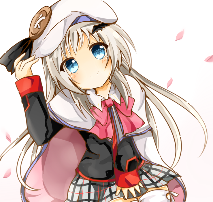 1girl, blue_eyes, blush, cape, hair_ornament, hat, little_busters!!, long_hair, noumi_kudryavka, ribbon, school_uniform, silver_hair, skirt, smile, thighhighs, ura_(ura-tennislove)
