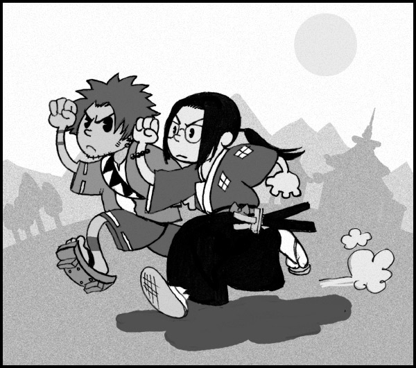 2boys, bigbigtruck, disney, e.k_weaver, earrings, geta, glasses, hakama, japanese_clothes, jewelry, jin, katana, male, monochrome, mugen, multiple_boys, oldschool, parody, ponytail, samurai, samurai_champloo, sandals, steamboat_willie, style_parody, sword, tattoo, ub_iwerks_(style), weapon