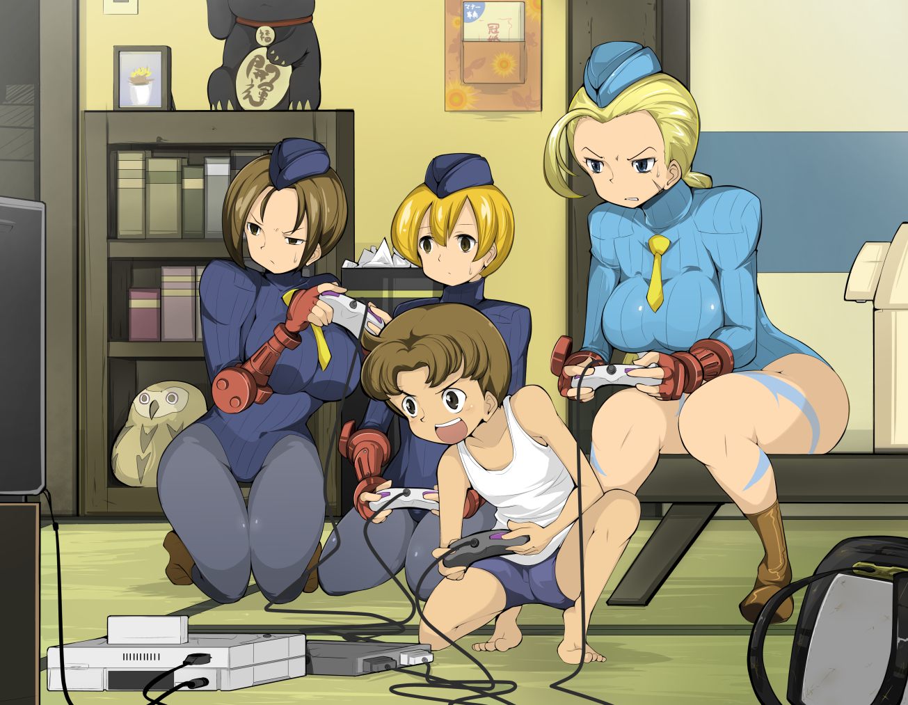 1boy, 3girls, ahoge, blonde_hair, breasts, brown_hair, cammy_white, controller
