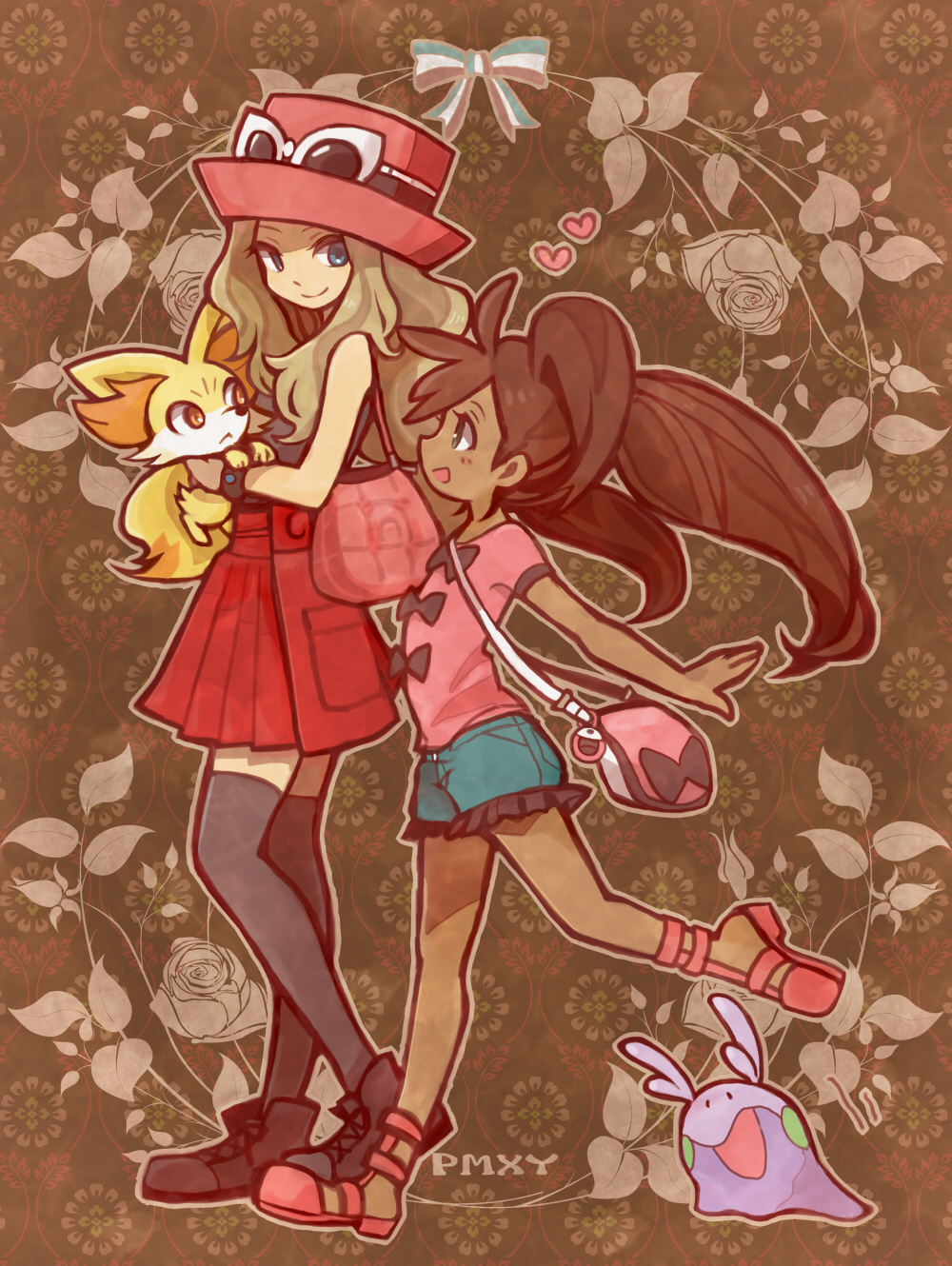 2girls, bag, bare_legs, black_legwear, blonde_hair, blue_eyes, bow, bracelet