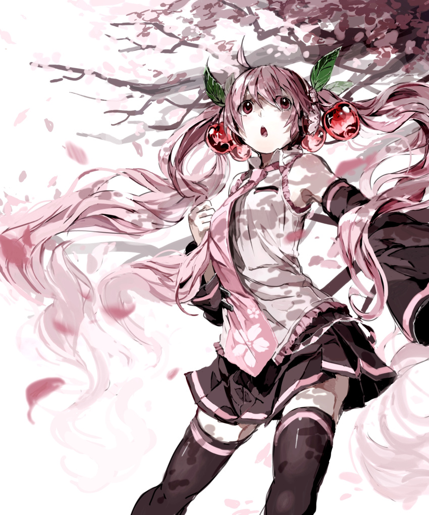 1girl, absurdres, cherry, cherry_blossoms, detached_sleeves, food, fruit, hatsune_miku