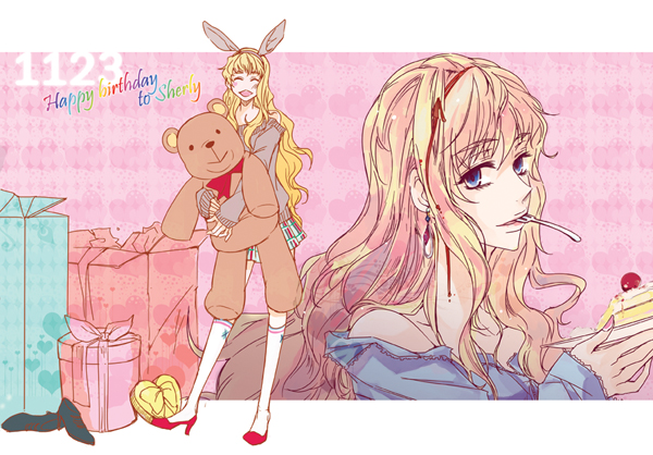 blonde_hair, blue_eyes, bunny_ears, cake, closed_eyes, food, gift, long_hair