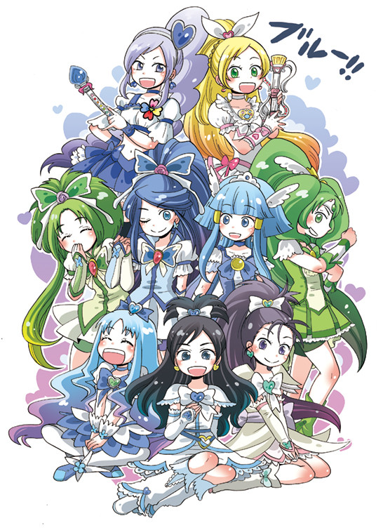 6+girls, :d, arm_warmers, berry_sword, bike_shorts, blonde_hair, blue_eyes, blush