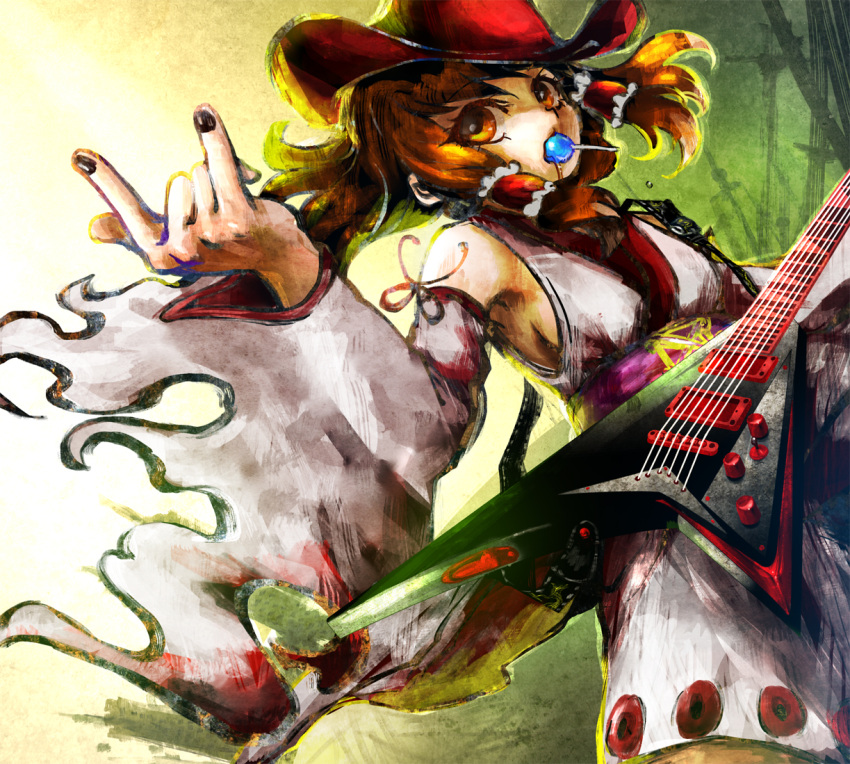 \m/, alternate_costume, brown_eyes, brown_hair, candy, cowboy_hat, detached_sleeves, electric_guitar
