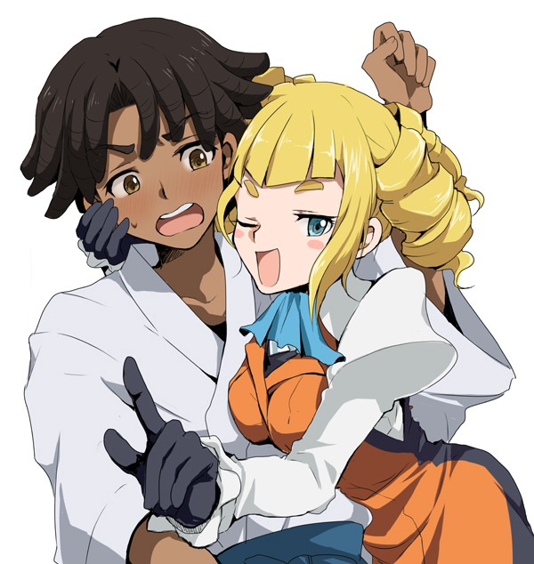 1boy, 1girl, ;d, black_hair, blonde_hair, blue_eyes, blush, blush_stickers