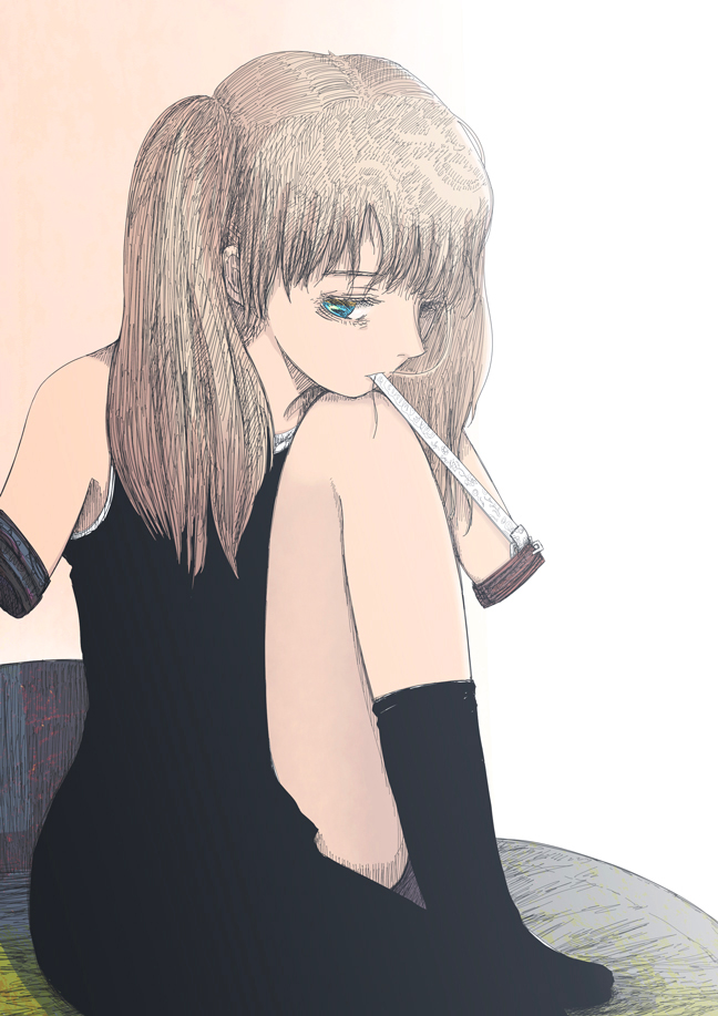 armless, black_dress, blue_eyes, dress, keida_riiko, legs, light_brown_hair, sleeveless, solo, twintails