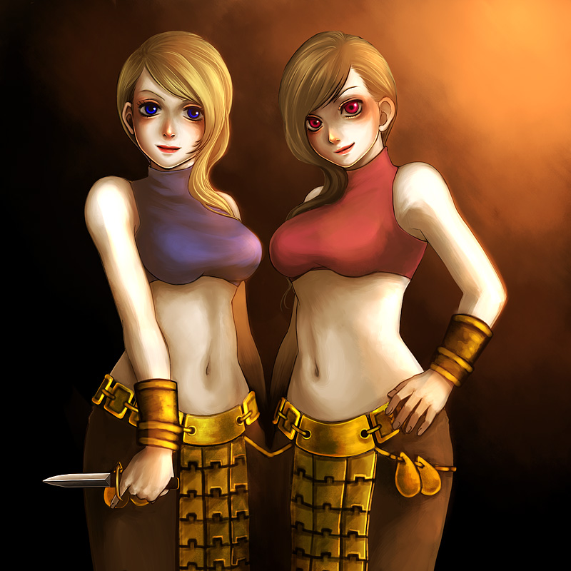 armlet, bare_shoulders, belt, blonde_hair, blue_eyes, brown_hair, celia, dagger