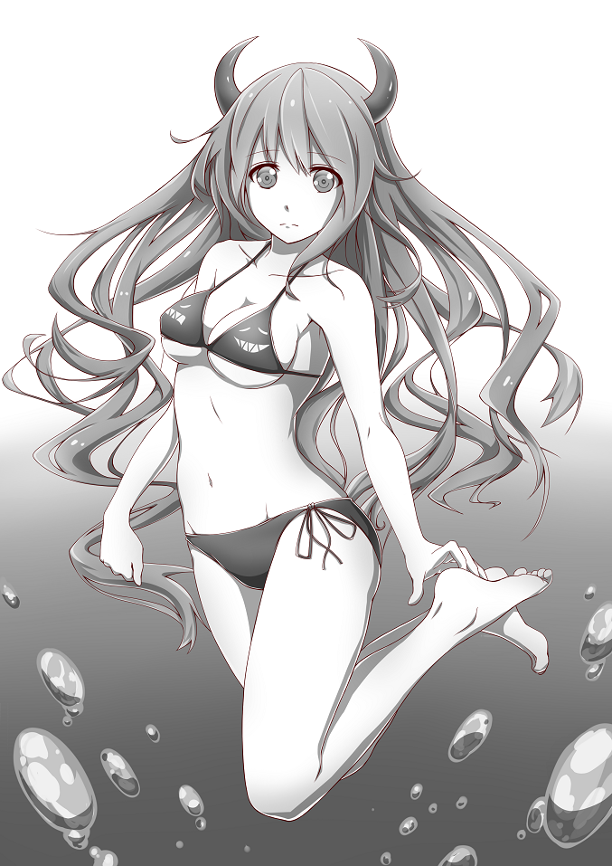 1girl, air_bubble, barefoot, bikini, horns, long_hair, monochrome, navel