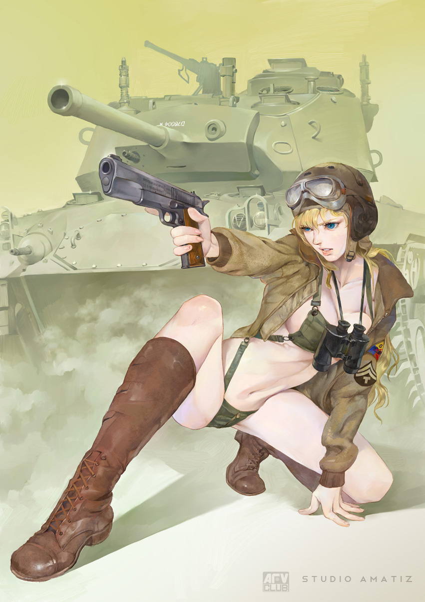 1girl, amatiz, binoculars, blonde_hair, blue_eyes, boots, breasts, cleavage