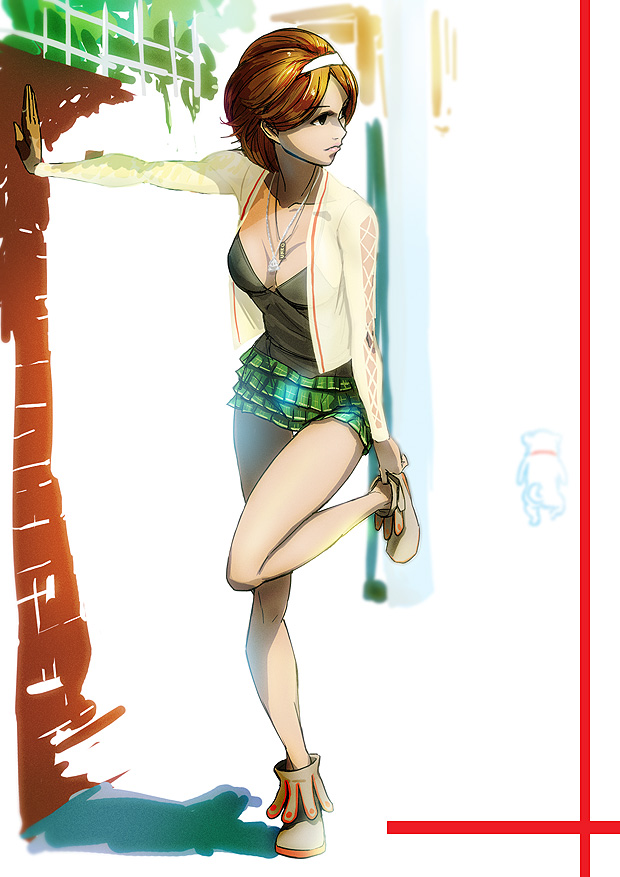 breasts, brown_hair, cleavage, hairband, jacket, jewelry, kuruma_hajime, leaning_forward