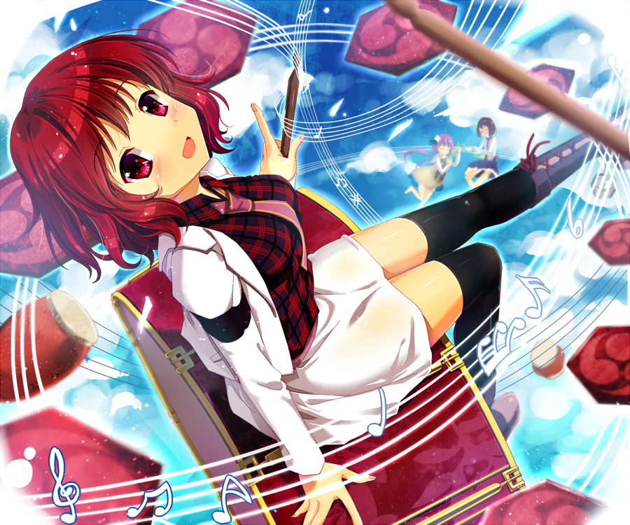 3girls, biwa_lute, black_hair, black_legwear, cnm, drum, drumsticks, horikawa_raiko