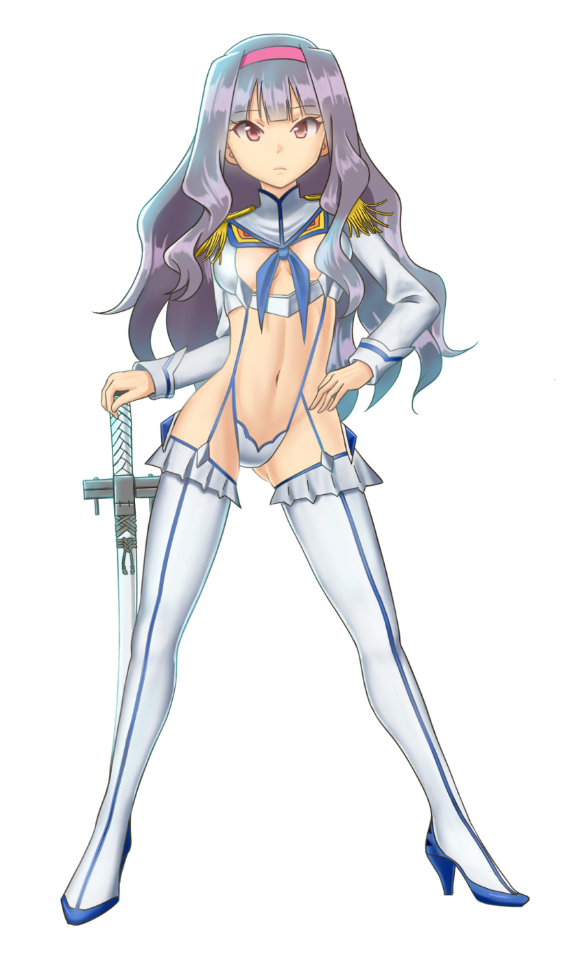 1girl, alternate_hair_color, boots, cosplay, epaulettes, hairband, hand_on_hip, highres