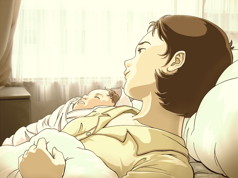 baby, boxy, brown_hair, char's_counterattack, char's_counterattack, gundam, hathaway_noa, lying