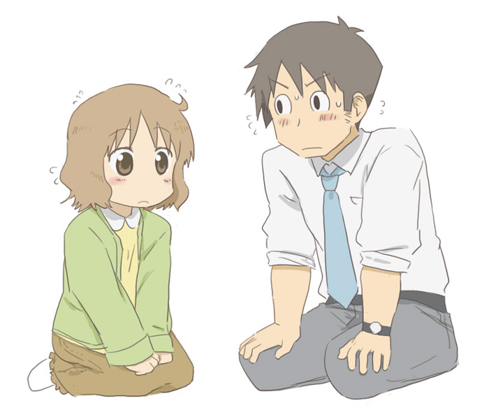 1boy, 1girl, ahoge, black_eyes, black_hair, blush, brown_eyes, brown_hair, cardigan, frown, josephine-843, necktie, nichijou, sakurai_izumi, short_hair, takasaki_manabu, watch