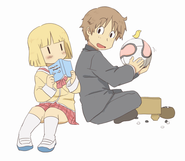 1boy, 1girl, ball, bird, black_eyes, blonde_hair, blush, book, brown_hair, daiku_kenzaburou, josephine-843, nichijou, school_uniform, sekiguchi_yuria, short_hair, skirt, smile