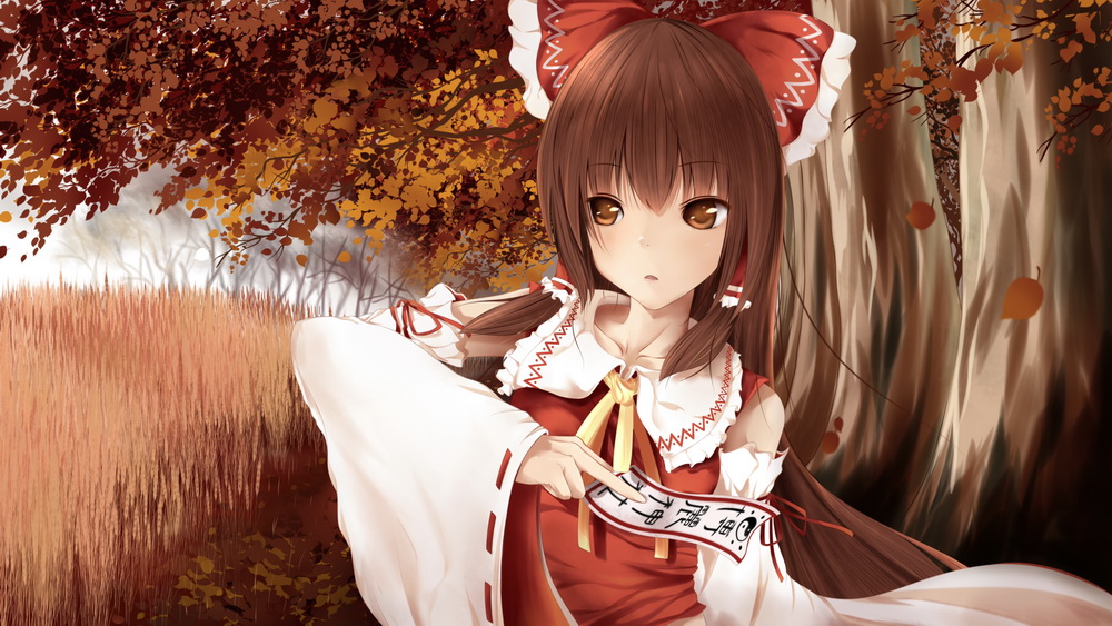 1girl, ascot, bow, brown_eyes, brown_hair, detached_sleeves, hair_bow, hair_tubes