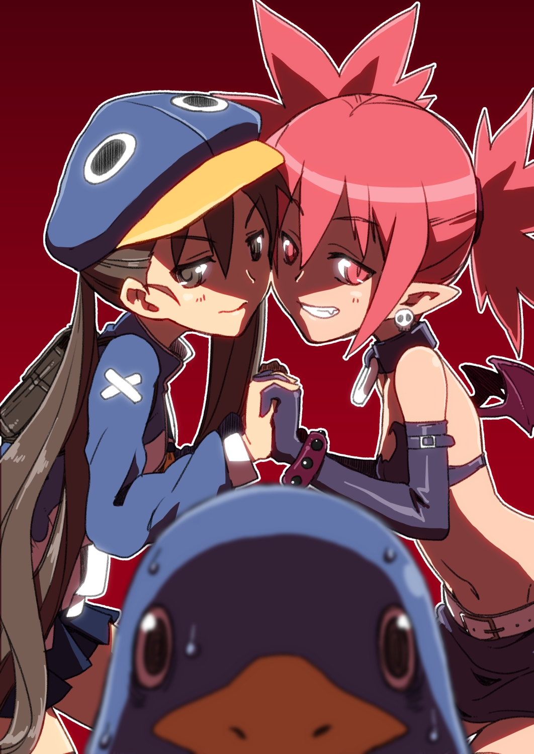 2girls, backpack, bag, brown_eyes, brown_hair, cabbie_hat, demon_girl, disgaea