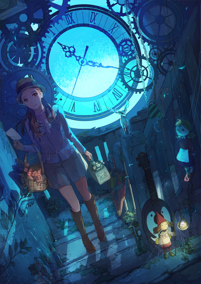 1girl, basket, brown_eyes, brown_hair, clock, dark, deer, doll
