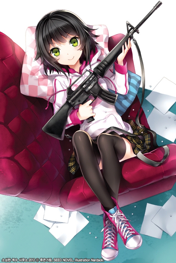 1girl, animal_costume, animal_ears, assault_rifle, beads, bear_costume, bear_ears, black_hair