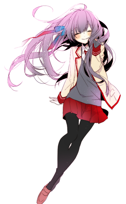1girl, blush, closed_eyes, facing_viewer, long_hair, naoto_(tulip), purple_hair, shuuen_no_shiori_project, simple_background, skirt, smile, solo, white_background