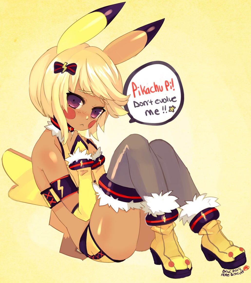 1girl, :<, animal_ears, ankle_boots, armband, blonde_hair, blue_(hopebiscuit), blush_stickers, boots, bridal_gauntlets, dark_skin, english, flat_chest, grey_legwear, personification, pikachu, pokemon, short_hair, short_shorts, shorts, sitting, solo, tail, thighhighs