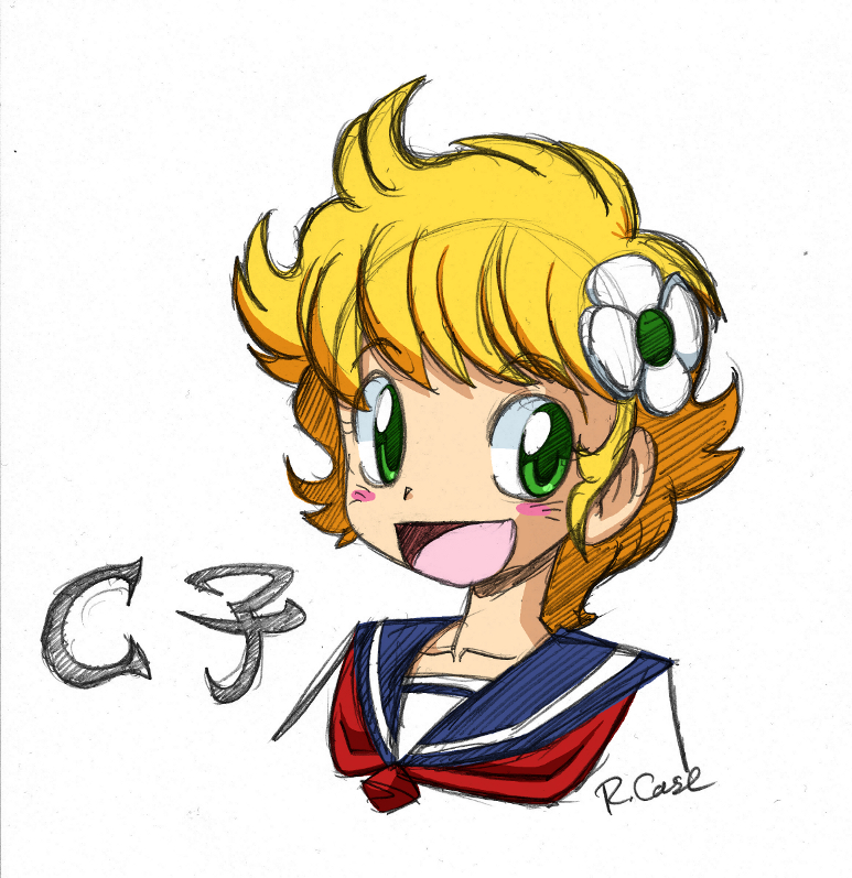 1girl, 80s, blonde_hair, blush, flower, green_eyes, hair_flower, hair_ornament
