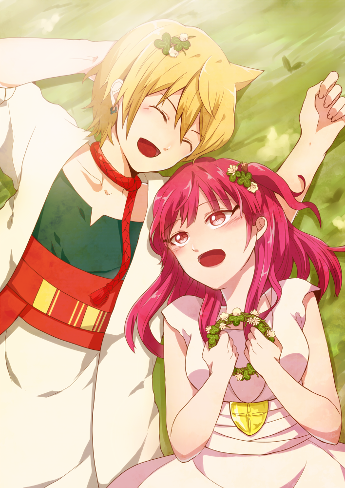 1boy, 1girl, ali_baba_saluja, blonde_hair, clover, earrings, jewelry, long_hair