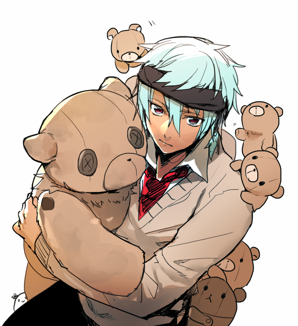 1boy, blue_hair, erubo, headband, male, original, red_eyes, ronaldo_castroneves, school_uniform, stuffed_animal, stuffed_toy, teddy_bear