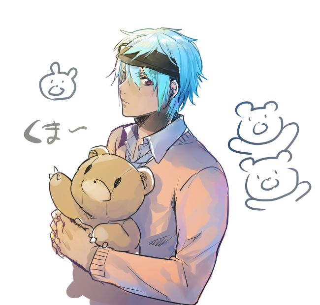 1boy, blue_hair, erubo, headband, original, red_eyes, ronaldo_castroneves, simple_background, stuffed_animal, stuffed_toy, teddy_bear