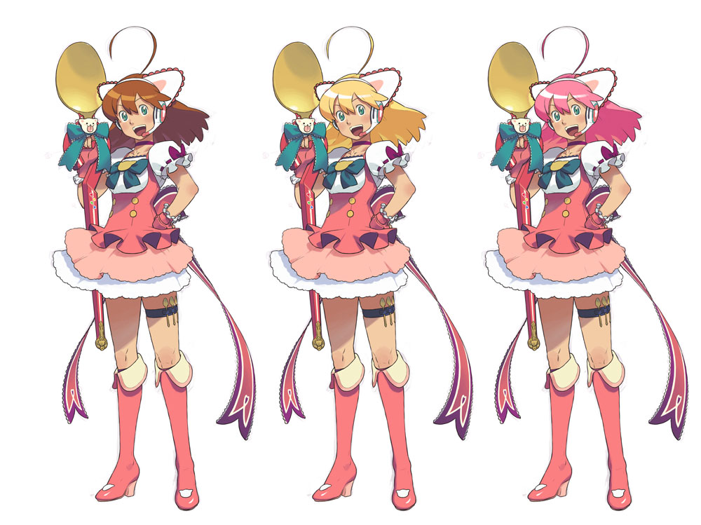 animal_ears, blonde_hair, boots, brown_hair, cat_ears, ishikawa_hideki, legs, open_mouth, original, p-head, pink_hair, skirt, thigh_strap