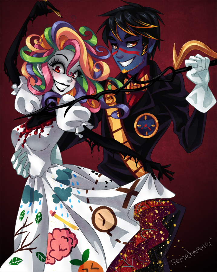 amber_eyes, black_hair, black_lipstick, blue_skin, bowtie, don't_hug_me_i'm_scared, dress, face_painting