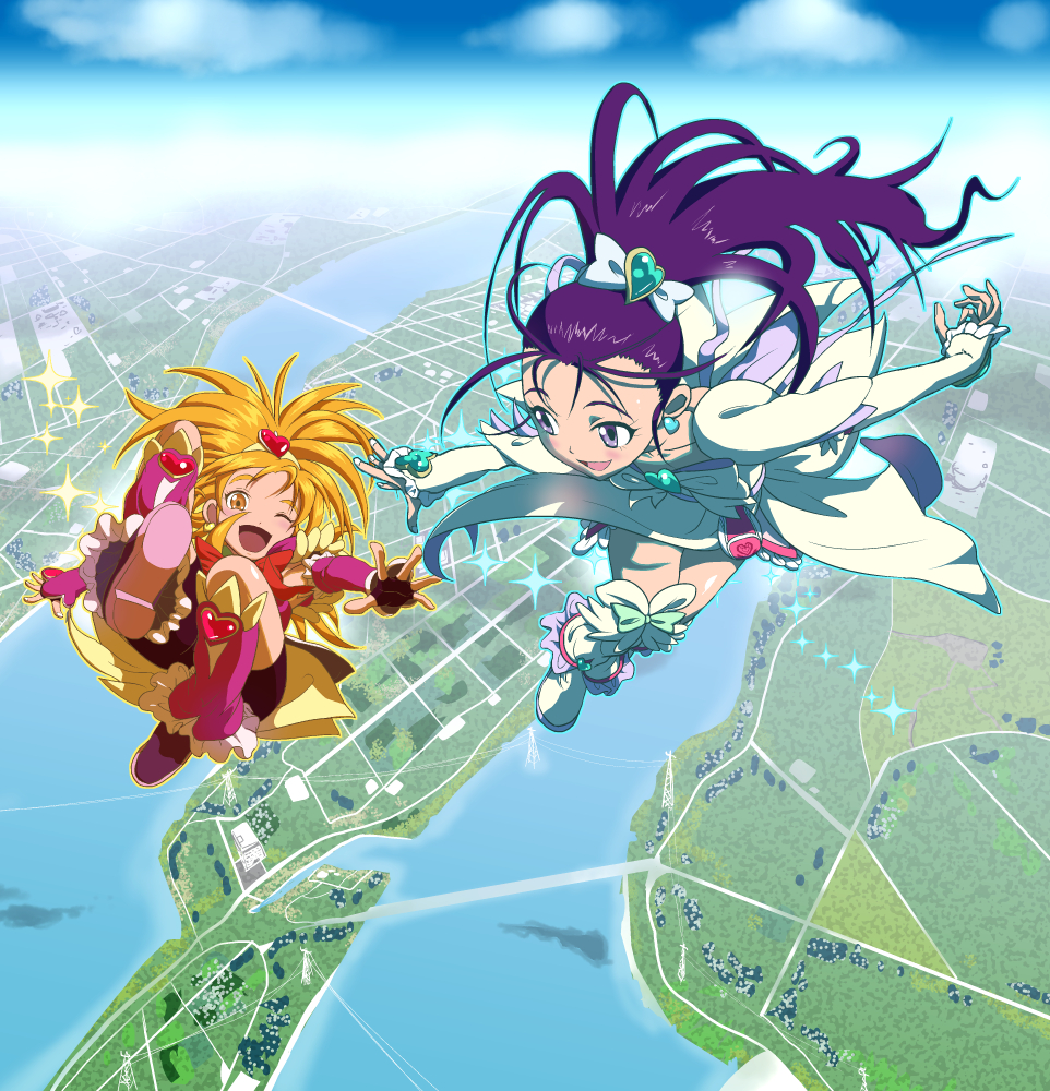 2girls, arm_warmers, boots, clouds, cure_bloom, cure_egret, detached_sleeves, dress, earrings, eyelashes, fingerless_gloves, flying, futari_wa_precure_splash_star, gloves, hair_ornament, hair_ribbon, half_updo, happy, heart, heart_hair_ornament, high_heels, hyuuga_saki, itsuzukikanau, jewelry, knee_boots, kneehighs, long_hair, magical_girl, mishou_mai, multiple_girls, open_mouth, orange_eyes, orange_hair, pink_dress, pink_legwear, ponytail, precure, purple_hair, ribbon, sky, smile, very_long_hair, violet_eyes, white_dress, white_legwear, wink