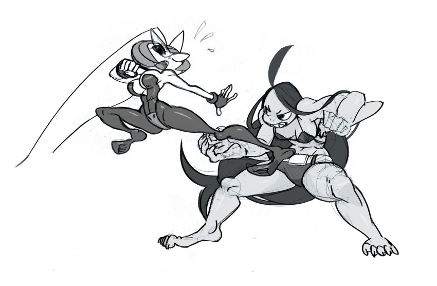 2girls, ahoge, alex_ahad, antennae, battle, bikini_top, black_torch, breasts