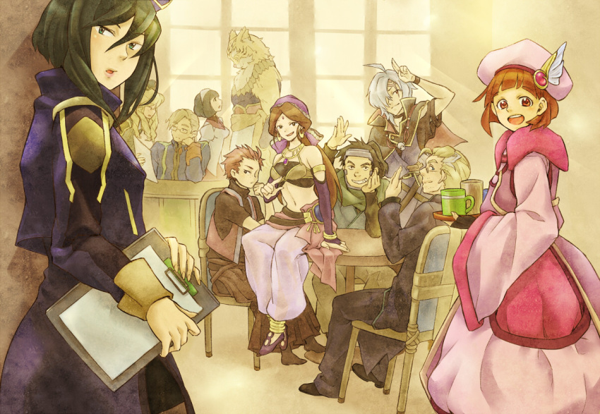 5girls, 6+boys, animal_ears, beret, black_hair, braid, brown_hair, chin_rest, crusty_(log_horizon), glasses, green_eyes, hair_over_one_eye, hat, kingfrogs, liese_(log_horizon), log_horizon, long_hair, multiple_boys, multiple_girls, short_hair, takayama_misa, white_hair