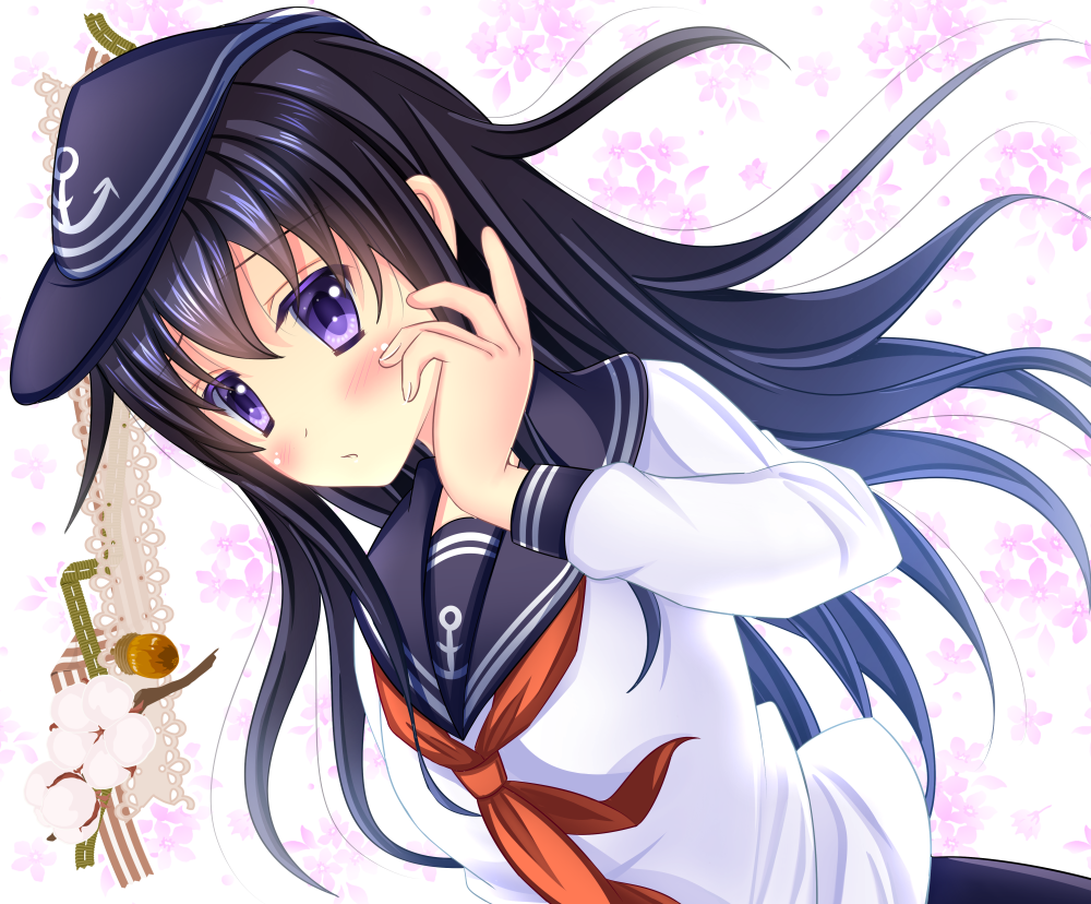 1girl, akatsuki_(kantai_collection), black_hair, blush, flower, hat, kantai_collection, long_hair, neckerchief, parted_lips, personification, ribbon, school_uniform, serafuku, solo, yuzukaze_rio