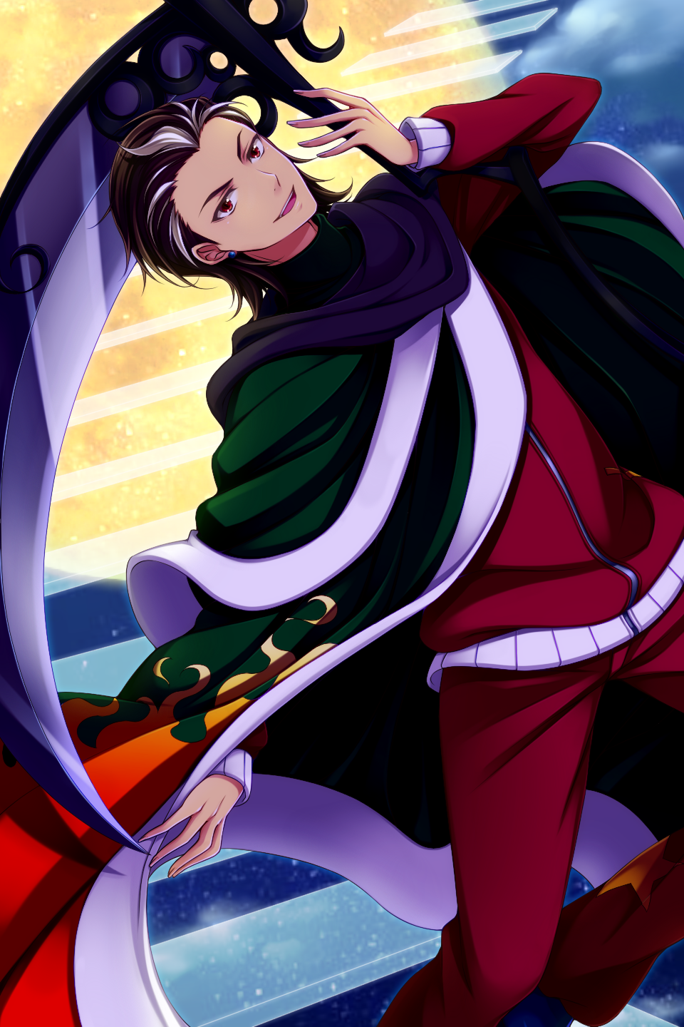 1boy, cape, higanbana_no_saku_yoru_ni, highres, izanami_(higanbana), jewelry, male, multicolored_hair, red_eyes, scythe, single_earring, smile, track_suit, uzu_hi