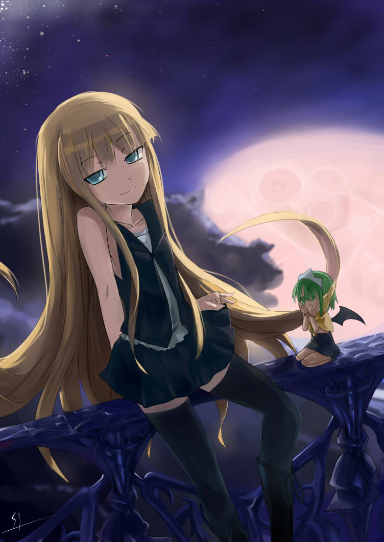 bat_wings, blonde_hair, blue_eyes, chachazero, evangeline_a_k_mcdowell, green_eyes, green_hair, mahou_sensei_negima
