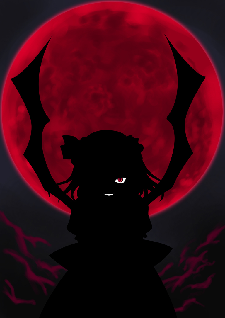 1girl, bat_wings, dark, full_moon, kagura_mizuki, moon, night, one_eye_covered