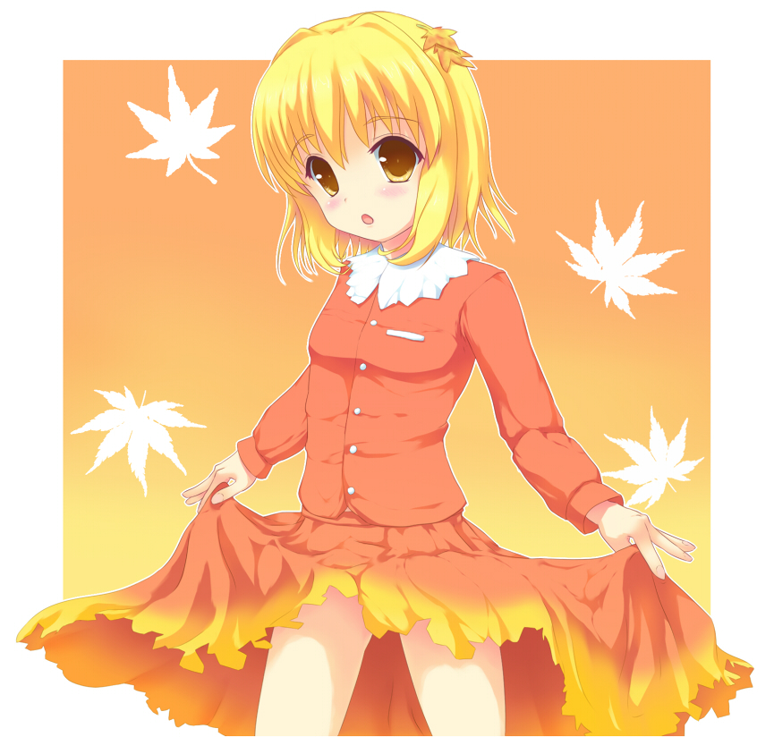 bad_id, blonde_hair, brown_eyes, leaf, maple_leaf, muneyuki, short_hair, skirt
