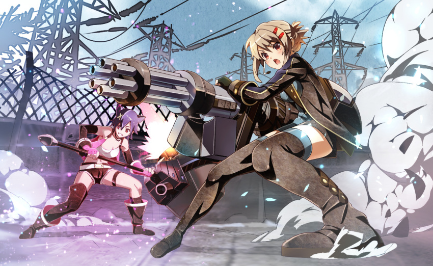 2girls, animal_ears, cat_ears, embers, gatling_gun, god_eater, god_eater_2, gun, hair_ornament, hairclip, hammer, huge_weapon, kouzuki_nana, multiple_girls, nyoronyoro, open_mouth, outdoors, power_lines, short_shorts, shorts, smoke, thighhighs, weapon, zettai_ryouiki