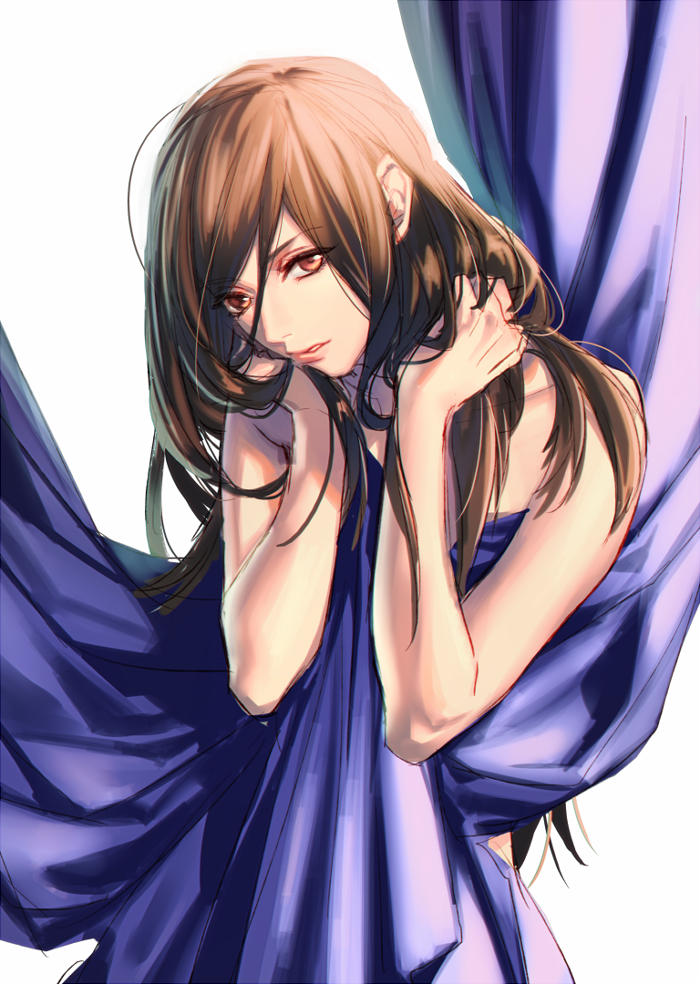 1girl, brown_hair, curtain_grab, curtains, fujiwara, holding_hair, lips, long_hair