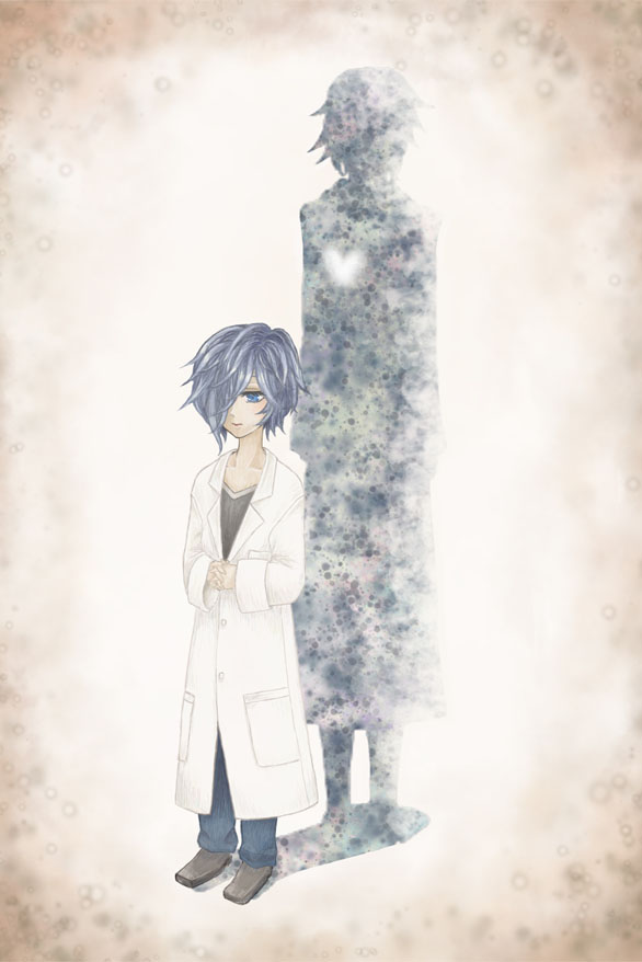 blue_eyes, blue_hair, hair_over_one_eye, ienzo, kingdom_hearts, labcoat, seimoku, silhouette