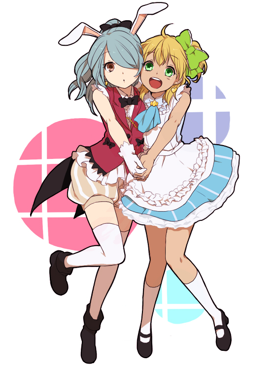2boys, alice_(wonderland), alice_(wonderland)_(cosplay), alice_in_wonderland, blonde_hair, blue_hair, blush, boots