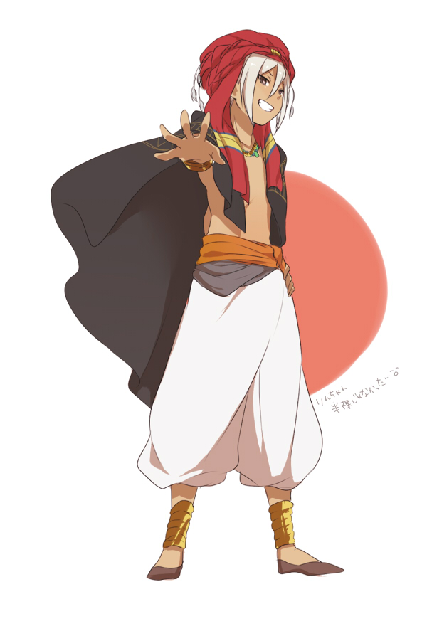 1boy, arabian_clothes, brown_eyes, cosplay, free!, gouenji_shuuya, grin, inazuma_eleven, inazuma_eleven_(series), male, matsuoka_rin_(cosplay), short_hair, smile, white_hair
