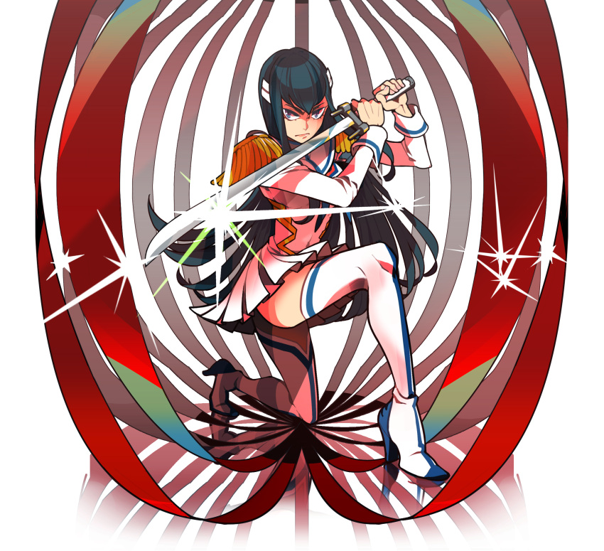 1girl, black_hair, blue_eyes, boots, epaulettes, heri_(azame), highres, junketsu