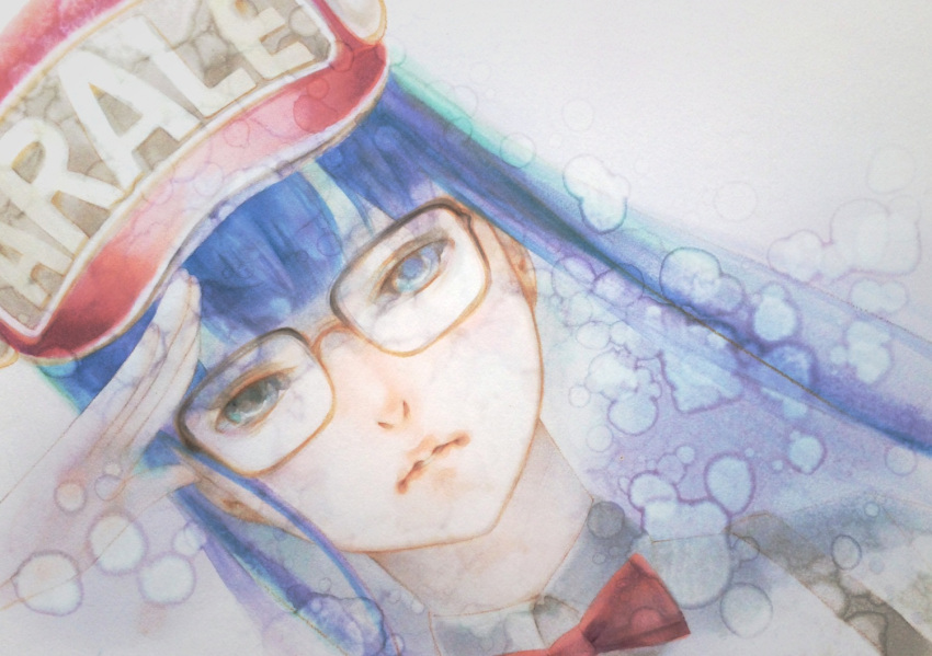 blue_eyes, blue_hair, dr._slump, glasses, hat, lips, nanami_rio, norimaki_arale